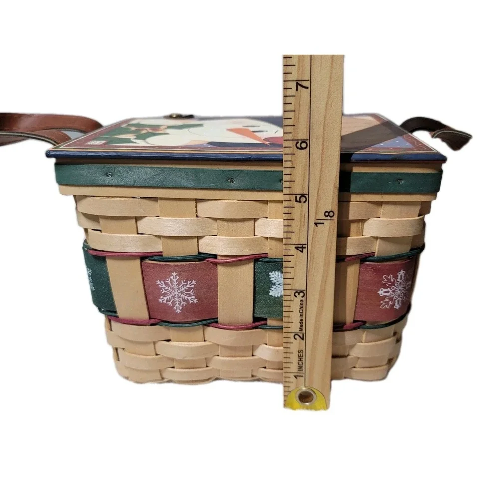 2 Christmas Baskets With Snowman Lg. & Sm Jan Shade Beach Weaved Leather Handles